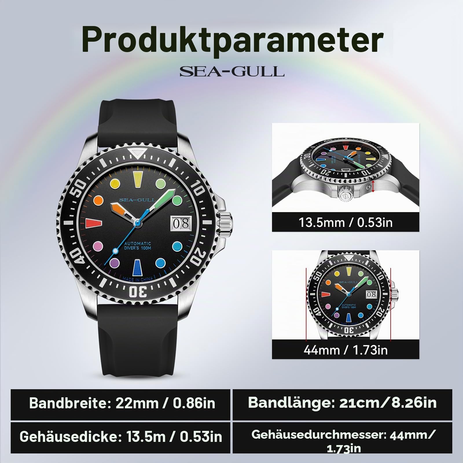 SEA-GULL Automatische Taucheruhr für Herren, 100 m wasserdicht, mechanische Armbanduhr mit bunten Markierungen, synthetisches Saphirglas, Silikonband