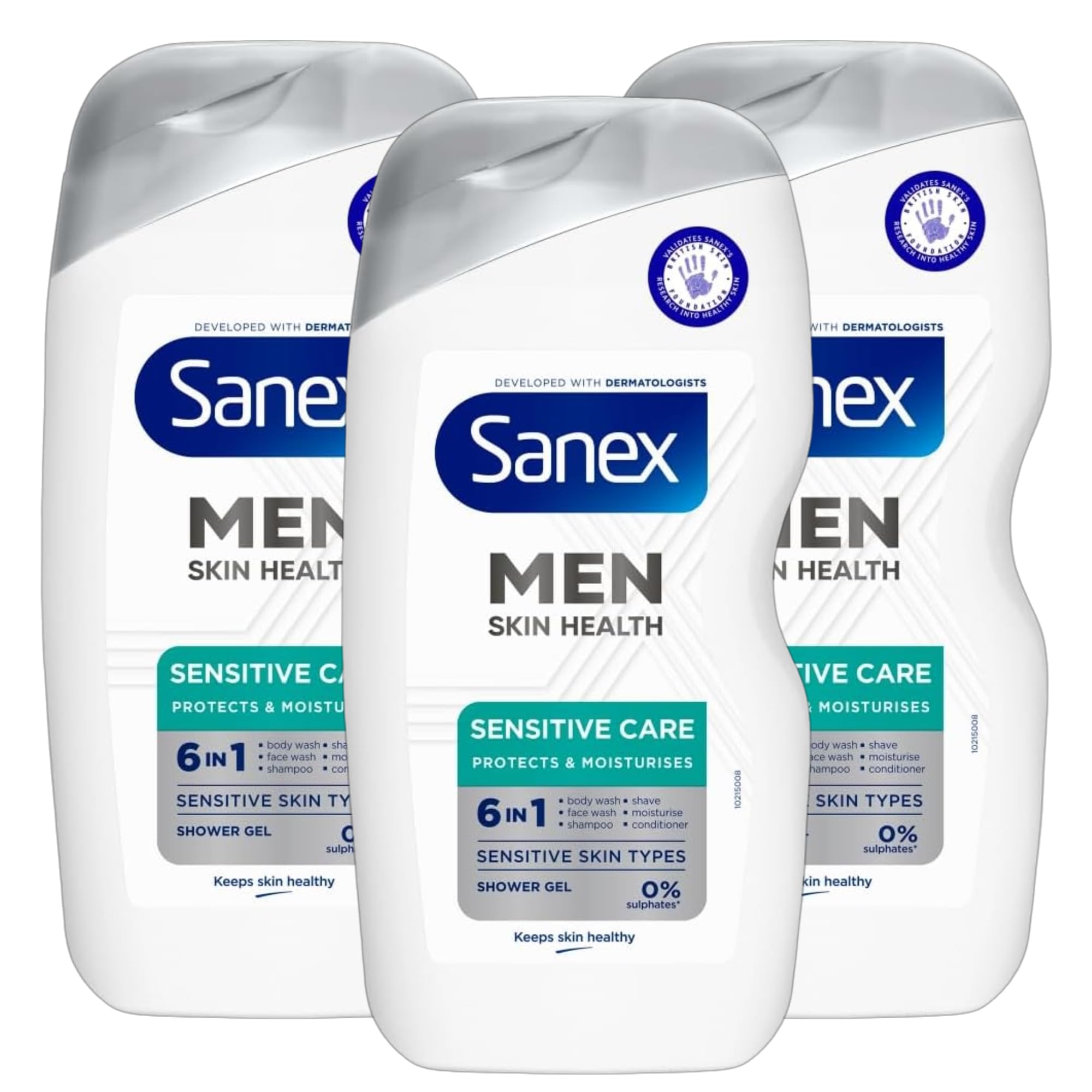Sanex Men Skin Health Sensitive Care Shower Gel 400ml, 6-in-1 Formula, 400ml, Pack of 3 | Body Wash, Face Wash, Shave, Shampoo, Conditioner & Moisturiser | For Sensitive Skin Types