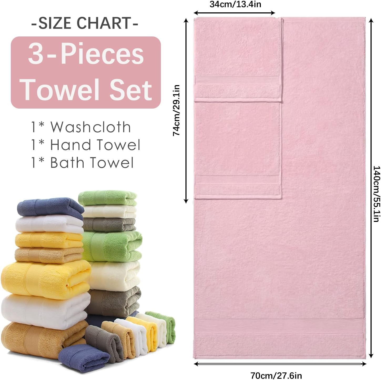 Personalized 3 Piece Towel Set Monogrammed Cotton Towels with Name or Initials, Embroidered Bath Towel, Hand Towel & Wash Cloth Soft & Absorbent for Bathroom, Spa, Gym, Hotel, Wedding & Gifts (Pink)
