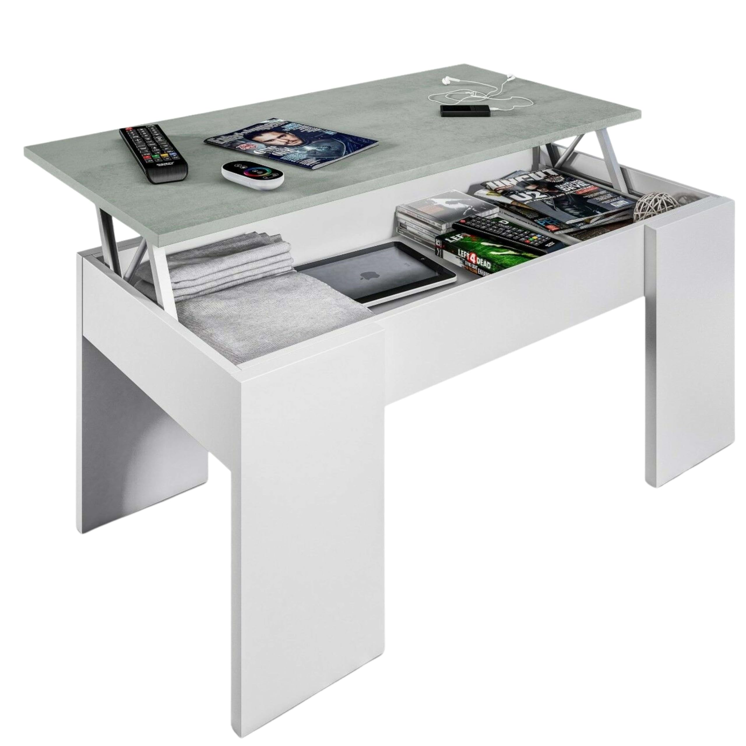 Mesa de Centro Elevable, Mesita de Salón o Comedor, Modelo LC, Acabado en Color Blanco Artik y Cemento, Medidas: 100 cm (Ancho) x 50 cm (Fondo) x 45-56 cm (Alto)