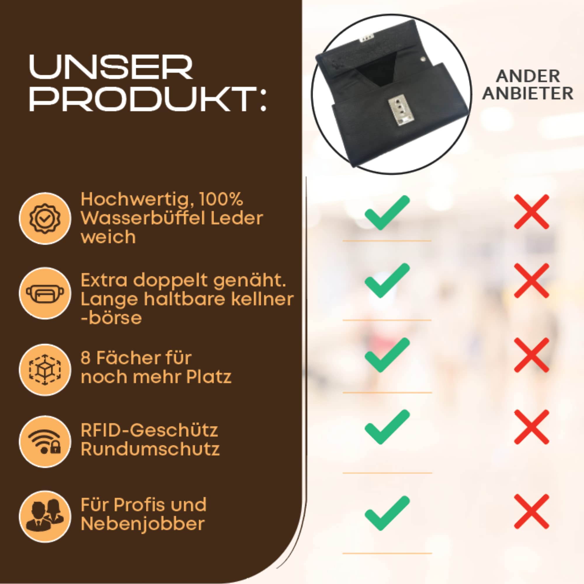 Cartera de camarero de alta calidad, 100 % piel de búfalo de agua, suave, protección RFID, cartera profesional de camarero, monedero negro, monedero para taxi, monedero unisex para camareros
