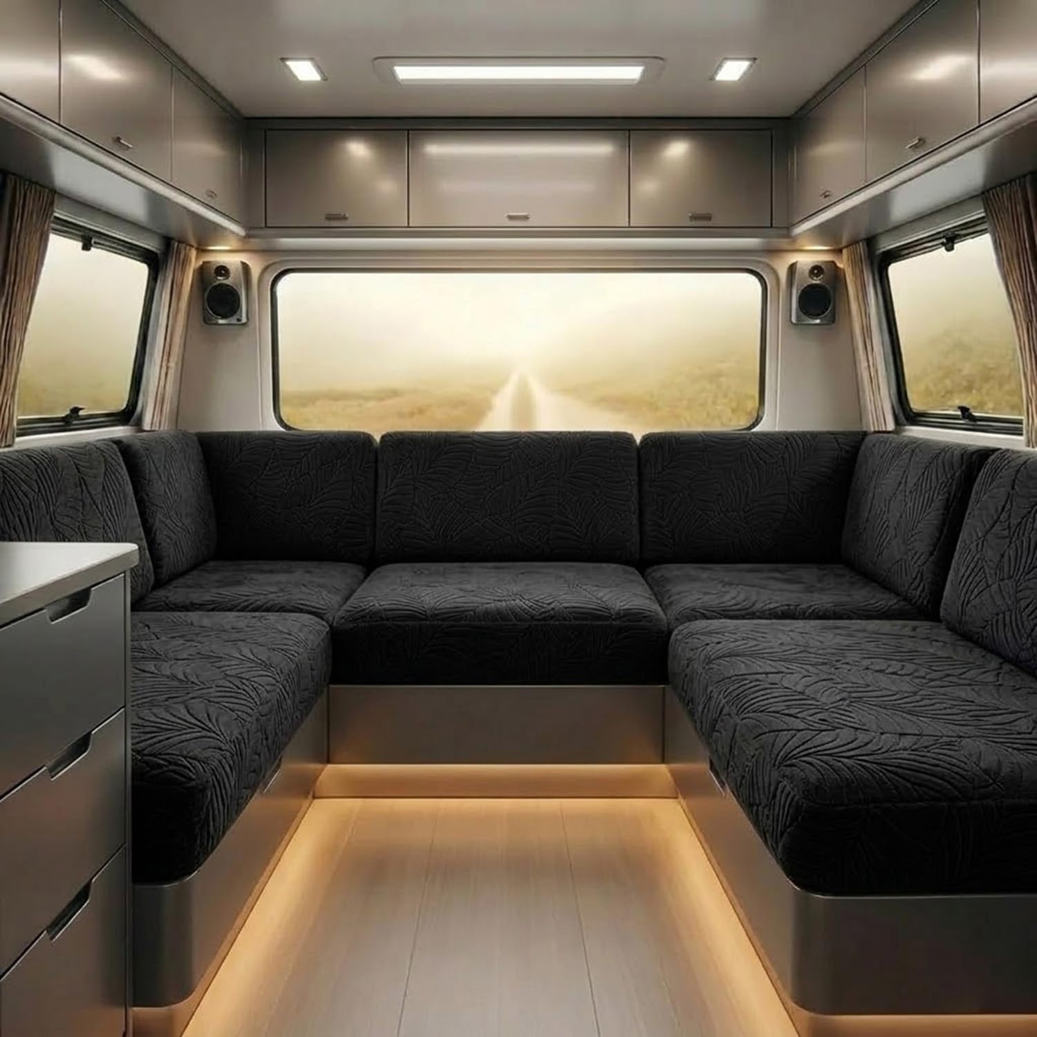 Stretch Caravan Cushion Covers Water Resistant, Jacquard Leaf Campervan Seat Slipcover with Straps, Motorhome Couch Protector(S2,W 120-140cm*D 40-65cm)