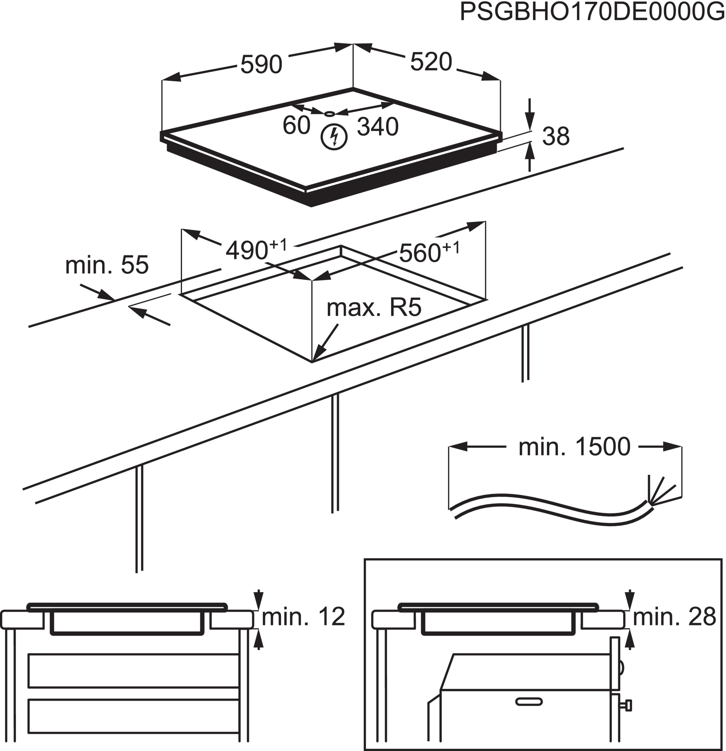 Electrolux EHF6232IOK Plaque vitrocéramique, 60 cm, 3 zones de cuisson, contrôle tactile indépendant, verrouillage de sécurité, indicateurs de chaleur, série 300, noir