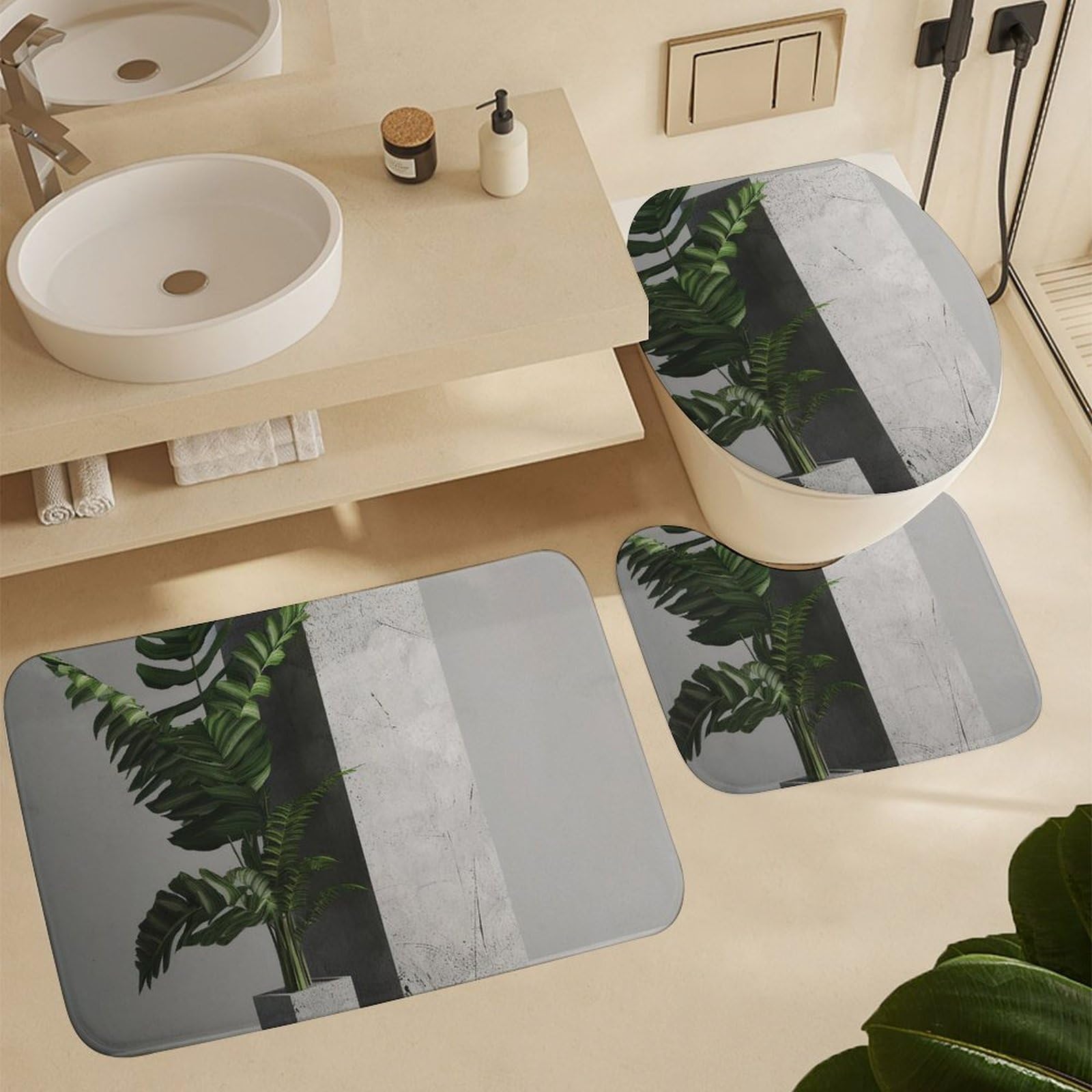 Tapis de bain trois pièces plantes vertes avec contour et couverture de toilette antidérapante