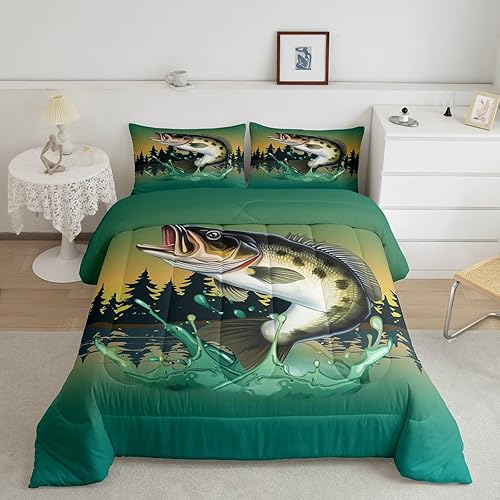 Juego de ropa de cama de peces de lubina, tamaño matrimonial, juego de edredón retro de pesca de lucio grande, edredón rústico de plumón de granja,