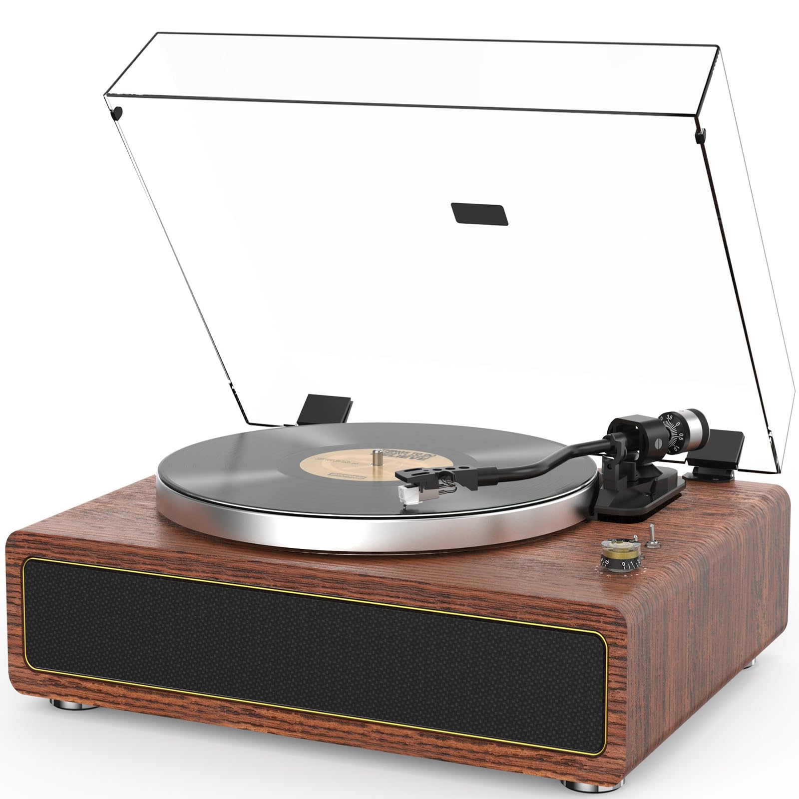All-in-one Record Player with Built-in Speakers Vinyl Record Player Support Wireless Playback Auto Stop 33&45 RPM Speed RCA Line Out AUX in High Fidelity Belt Drive Turntable for Vinyl Records Brown