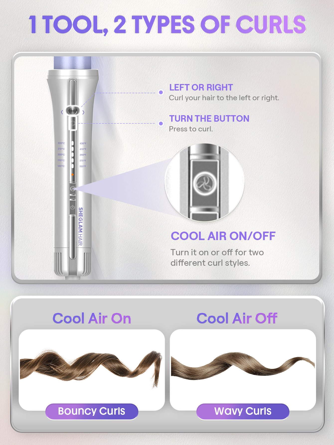 SHEGLAM 25mm Rizador Automático One Touch con Aire Frío – Rizos de Larga Duración para Estilos Bounce u Ondulados, Bajo Riesgo de Quemaduras, Calentamiento Rápido para Cabello de Medio a Largo (25mm)