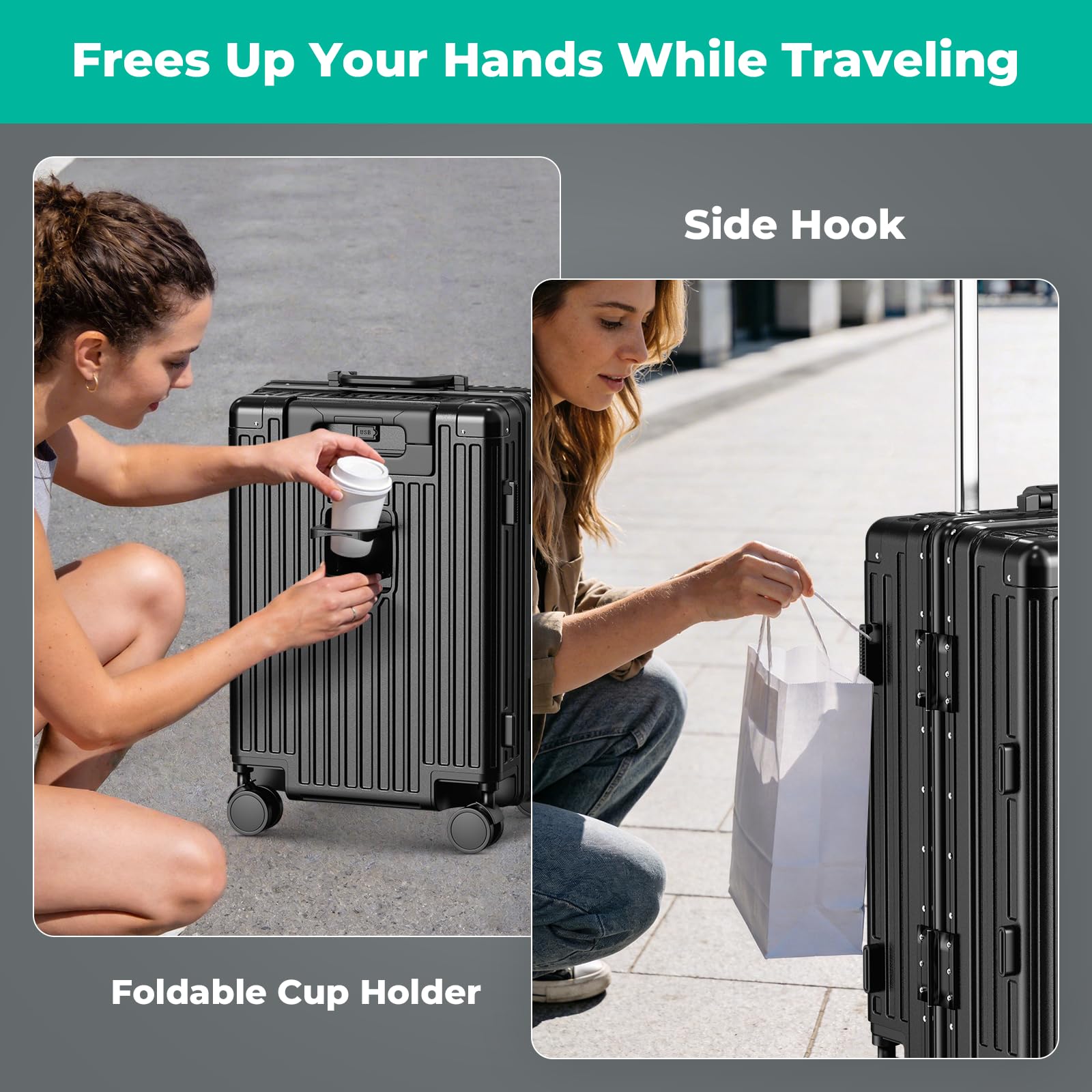Equipaje de mano sin cremallera con portavasos y puertos USB duales, maleta rígida aprobada por aerolíneas, cerradura TSA, Negro, 24 Inch, Para llevar en casa