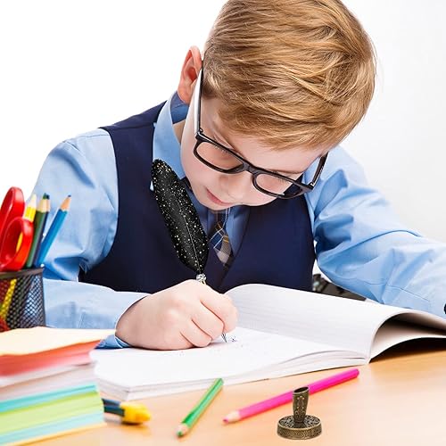 Miniatura 6 de Bolígrafo de plumas y soporte para bolígrafo de metal vintage, tinta negra, pluma de plumas vintage con 5 piezas de repuesto para boda, firma para