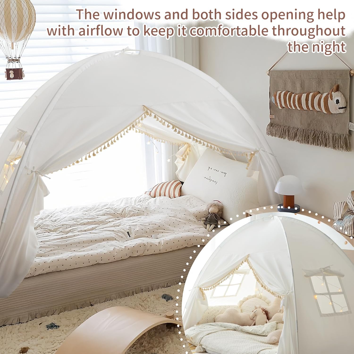 Bed tent with windows open for airflow