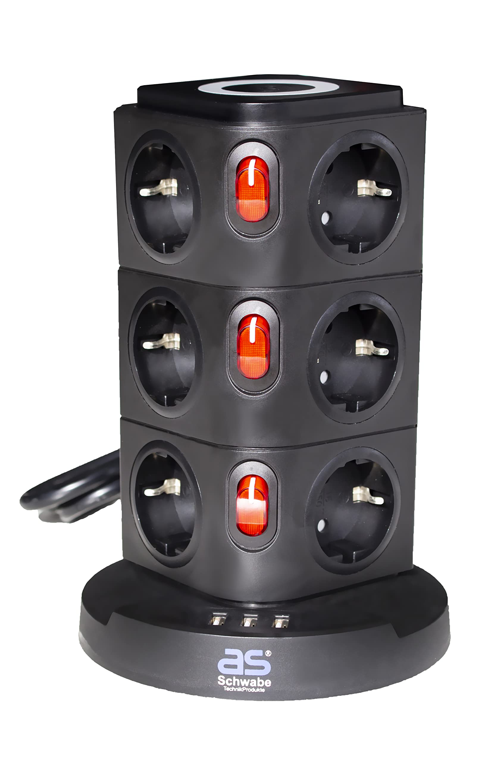 Axis – Schwabe 12-Way Multiple Socket Strip with Induction Drawer, 2 m Cable, Cube Cube with 3 USB Ports, Cube Socket, Plug Tower, Illuminated Switch, 18222