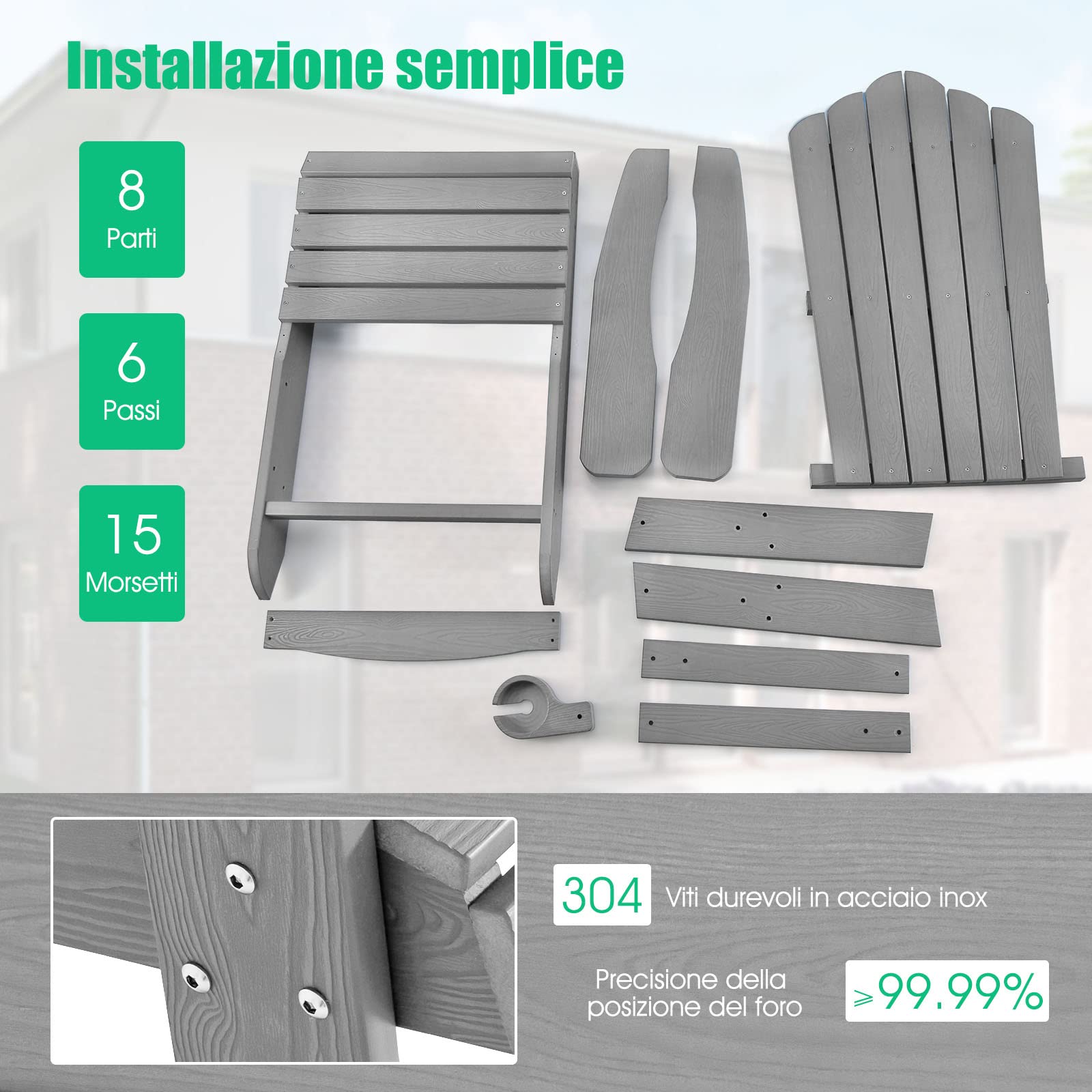 COSTWAY Sedia da Giardino Adirondack in HIPS, Sedia Adirondack con Portabicchieri, Poltrona da Esterno Resistente, per Giardino, Balcone, Piscina, Portata 150 kg (1, Grigio)