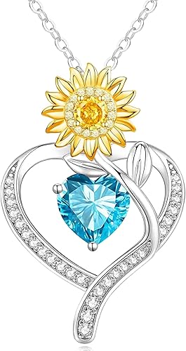 Naixio Sunflower Birthstone Necklace for Women - 925 Sterling Silver Heart Penda