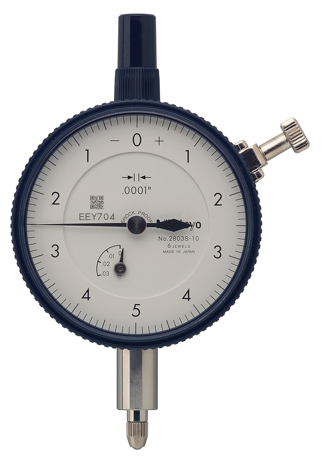 Mitutoyo 2803SB-10 Dial Indicator, #4-48 UNF Thread, 0.375" Stem Dia., Flat Back, White Dial, 0-5-0 Reading, 2.244" Dial Dia., 0-0.025" Range, 0.0001" Graduation, +/-0.0001" Accuracy