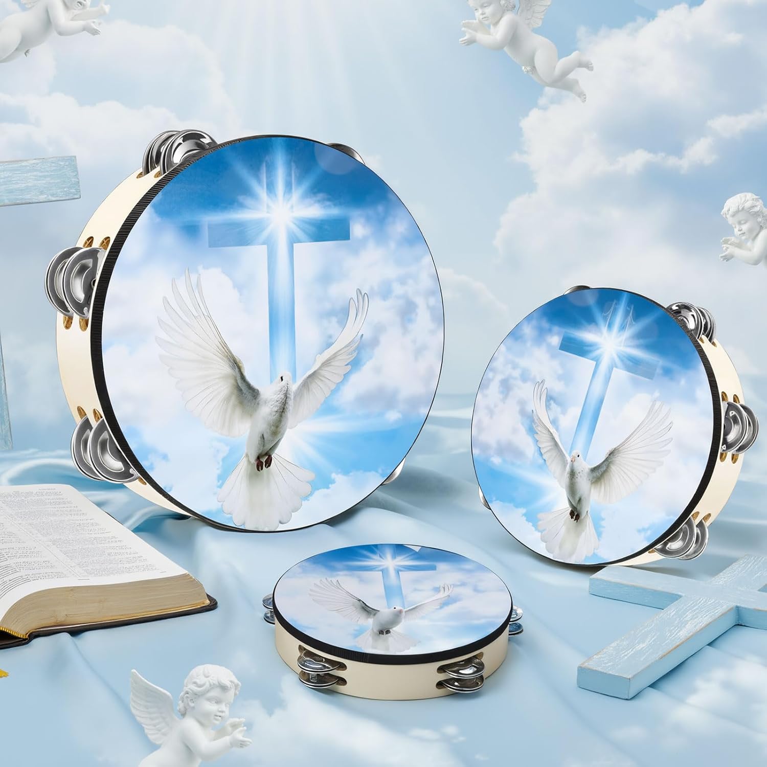 3 Pcs Dove Tambourines for Adults Church Christian Dance Tambourine Double Row Jingle Bible Hand Bell Clap Drum for Church Pray Party Percussion Musical Instrument