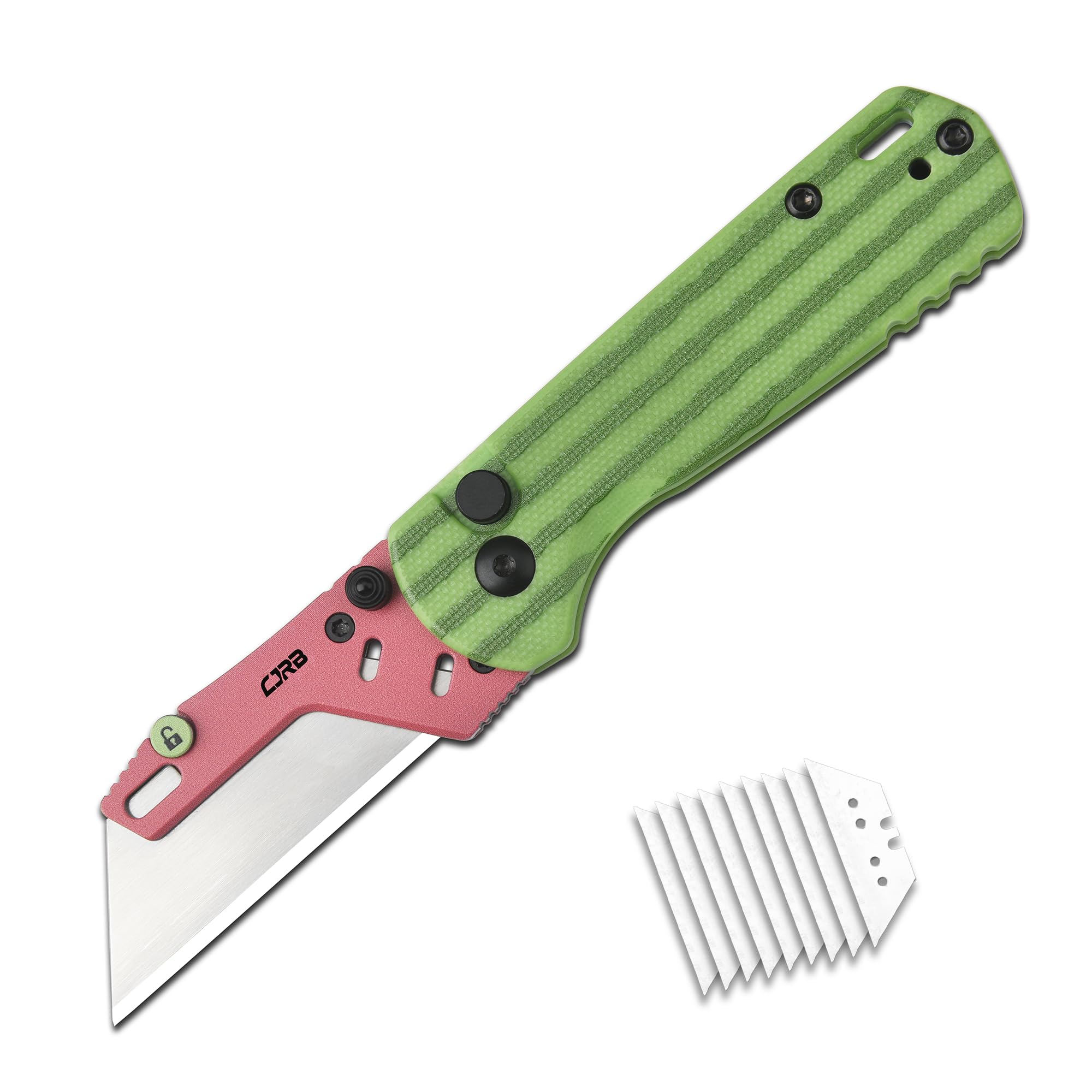 CJRB Boxer Folding Utility Knife, Button Lock EDC Pocket Knife with G10 Handle, Includes 10PCS Total Blades(J1967 Watermelon Green)