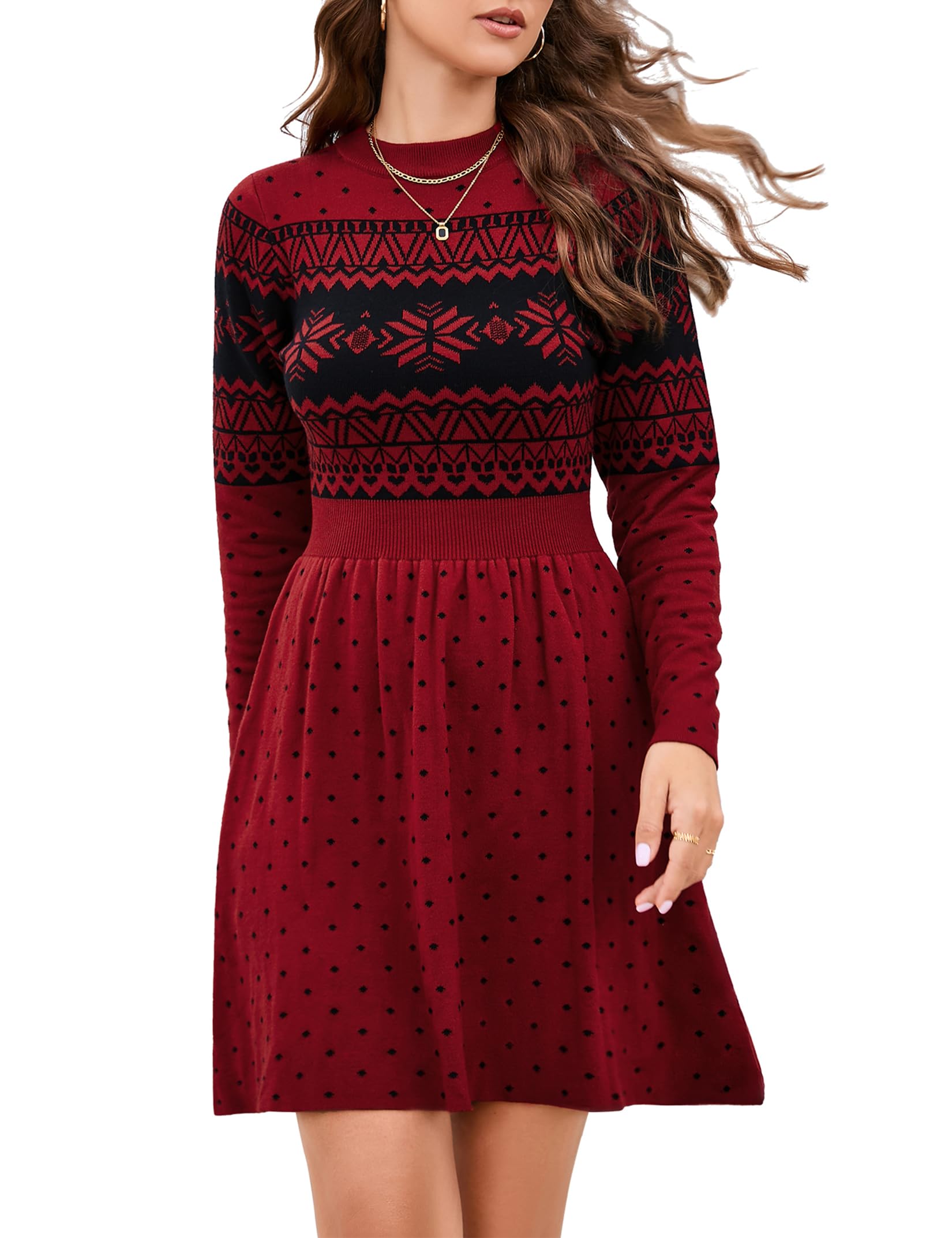 KOJOOIN Women Long Sleeve Knitted Crewneck High Waist A-Line Cute Mini Sweater Dress