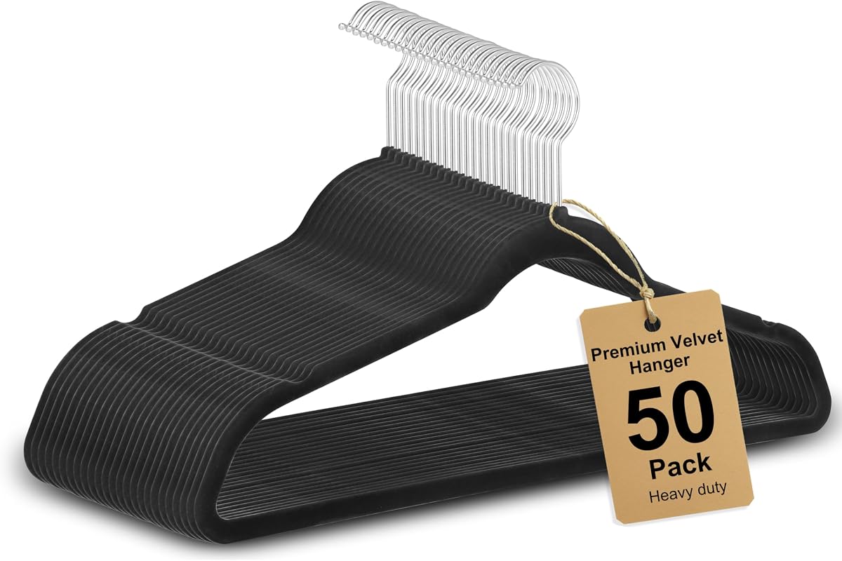 Whitmor Premium Velvet Hangers 50 Pack, Heavy Duty & Non-Slip Hangers with 360° Swivel Hooks, Space Saving Hanger, Durable Closet Organizers for Coats, Pants, Dresses, Black