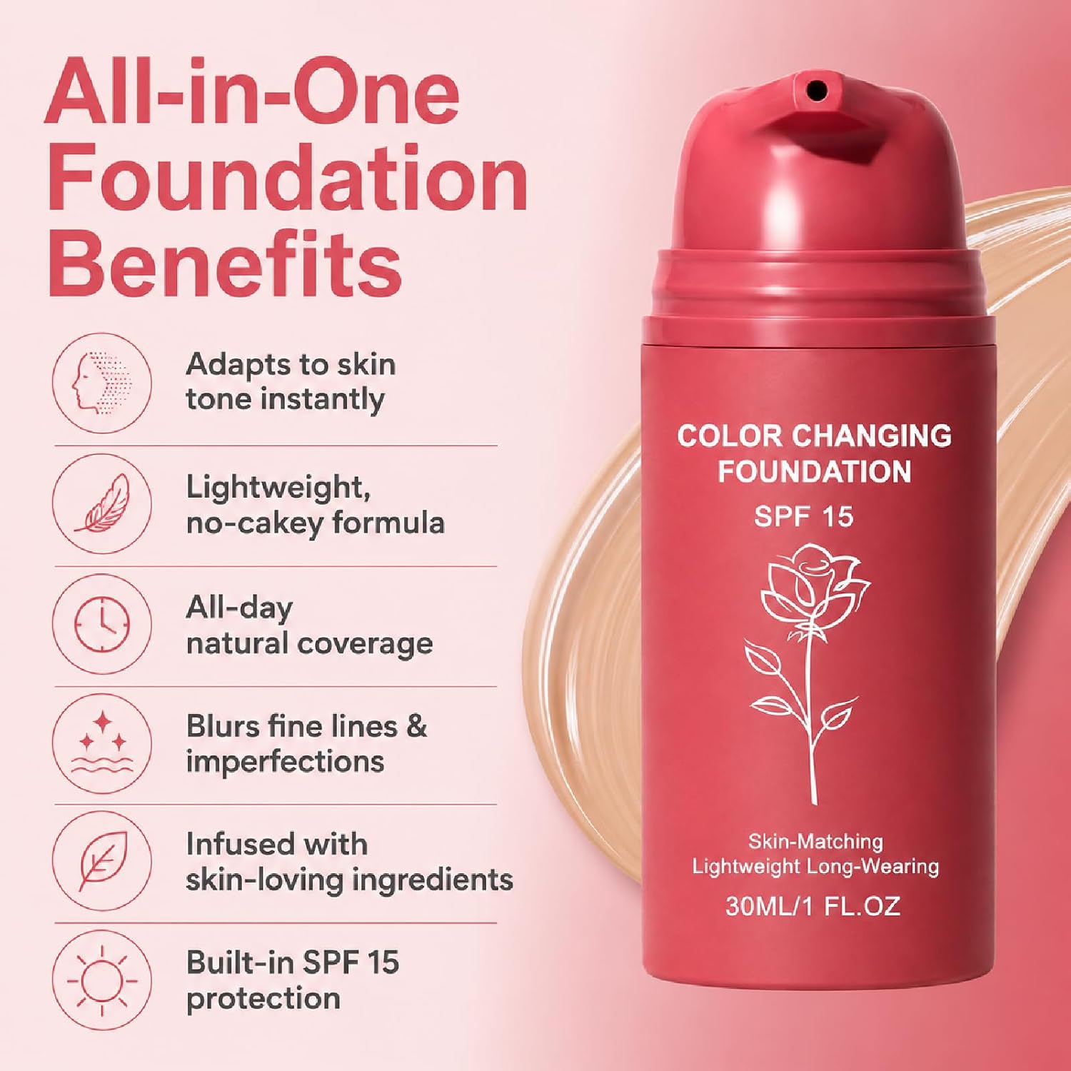 Korean Color Changing Foundation for Mature Skin, Self-Adjusting Skin Tone Matching Makeup, Hydrating Liquid Concealer for Fine Lines & Wrinkles, Natural Skin-Like Finish, 2 Fl Oz