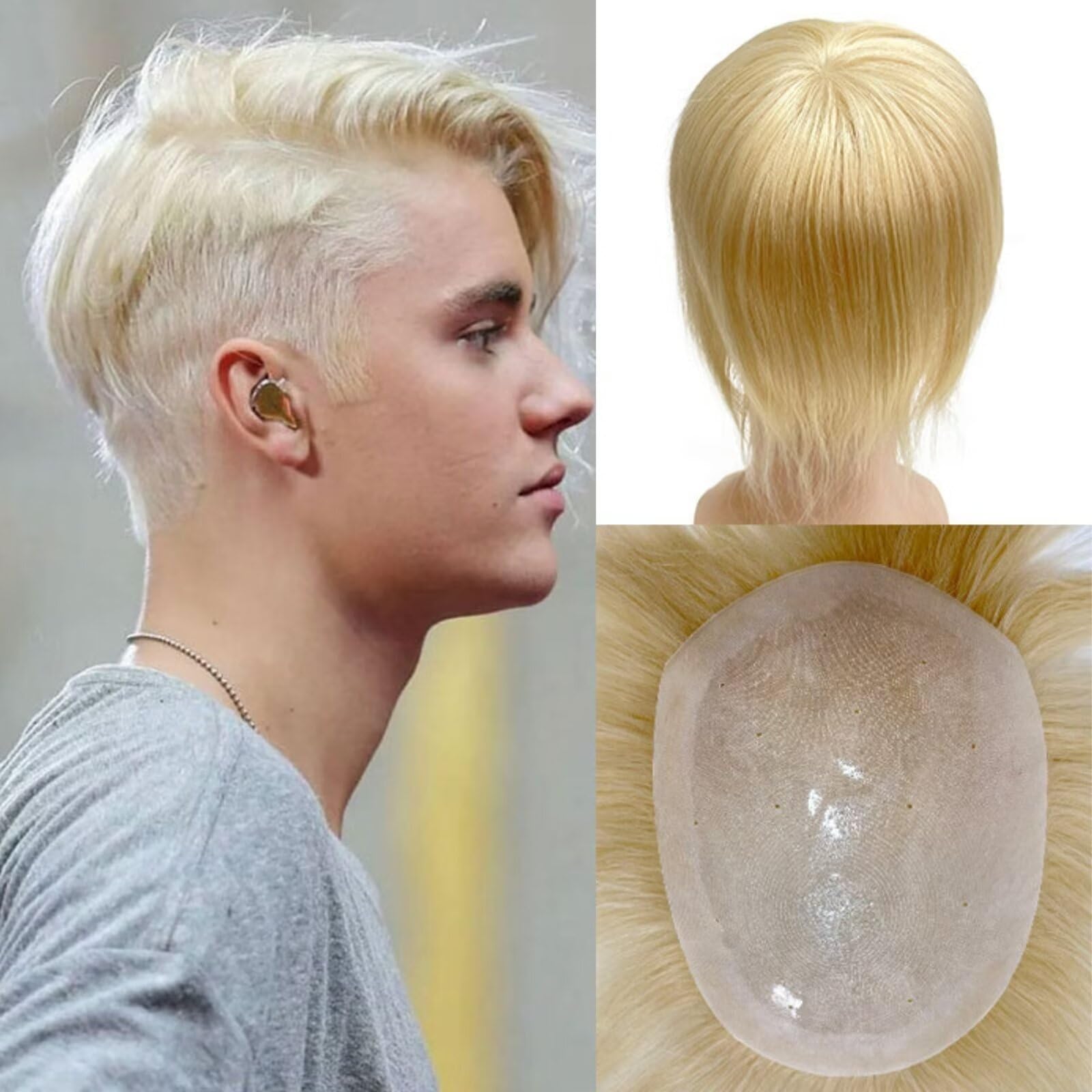 RUNRAYAY Toupee for Men Men Hair Pieces Mens Toupee Prosthesis Replacement System 100% European Real Human Hair Mens Hairpieces Hair System 16X21Cm Soft Thin Skin Pu (#613 Blonde)