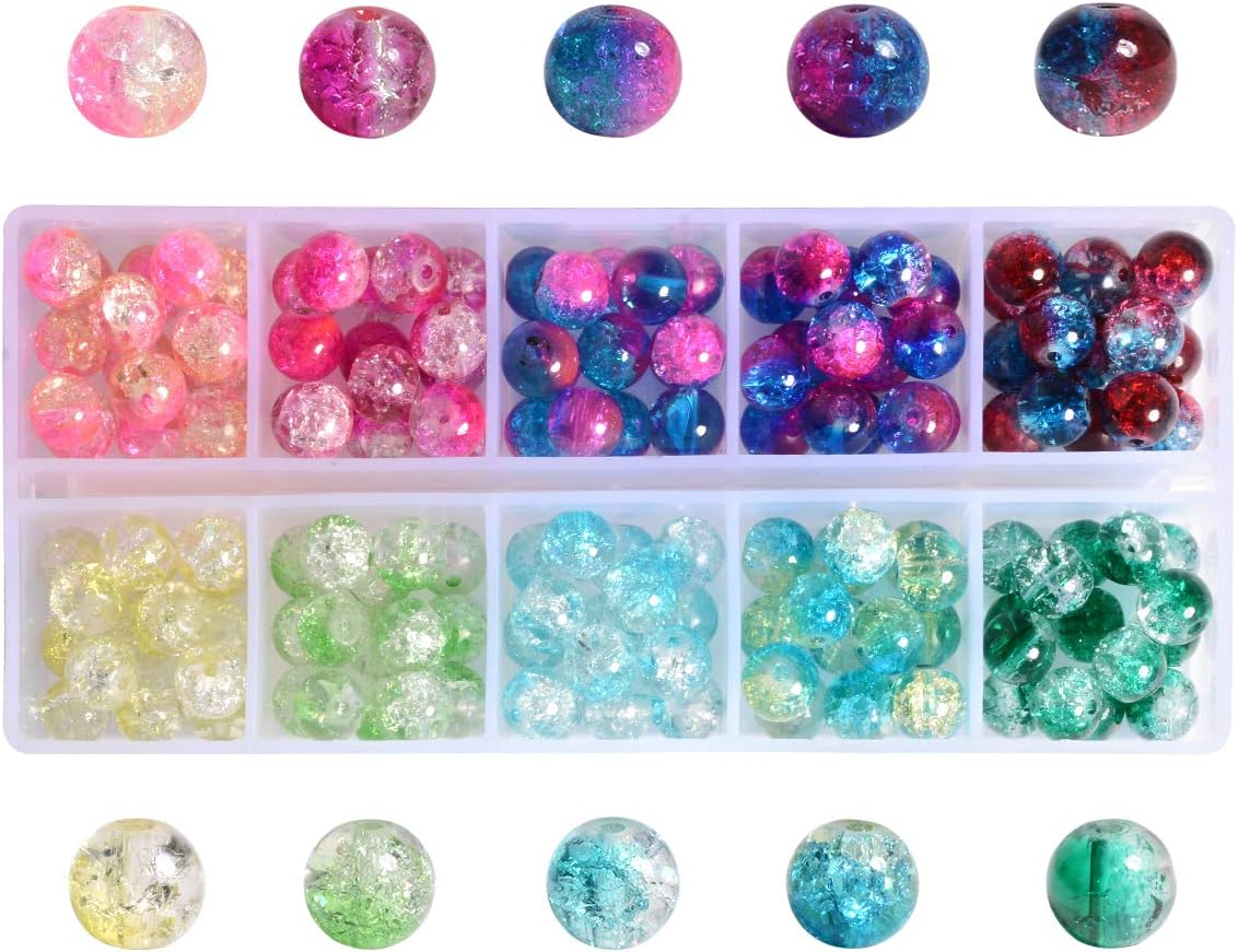 Lot 150pcs Glass Crackle Beads - LONGWIN 10 Color 8mm Crystal Handcrafted Round Beads with Plastic Container Jewelry Making Supply