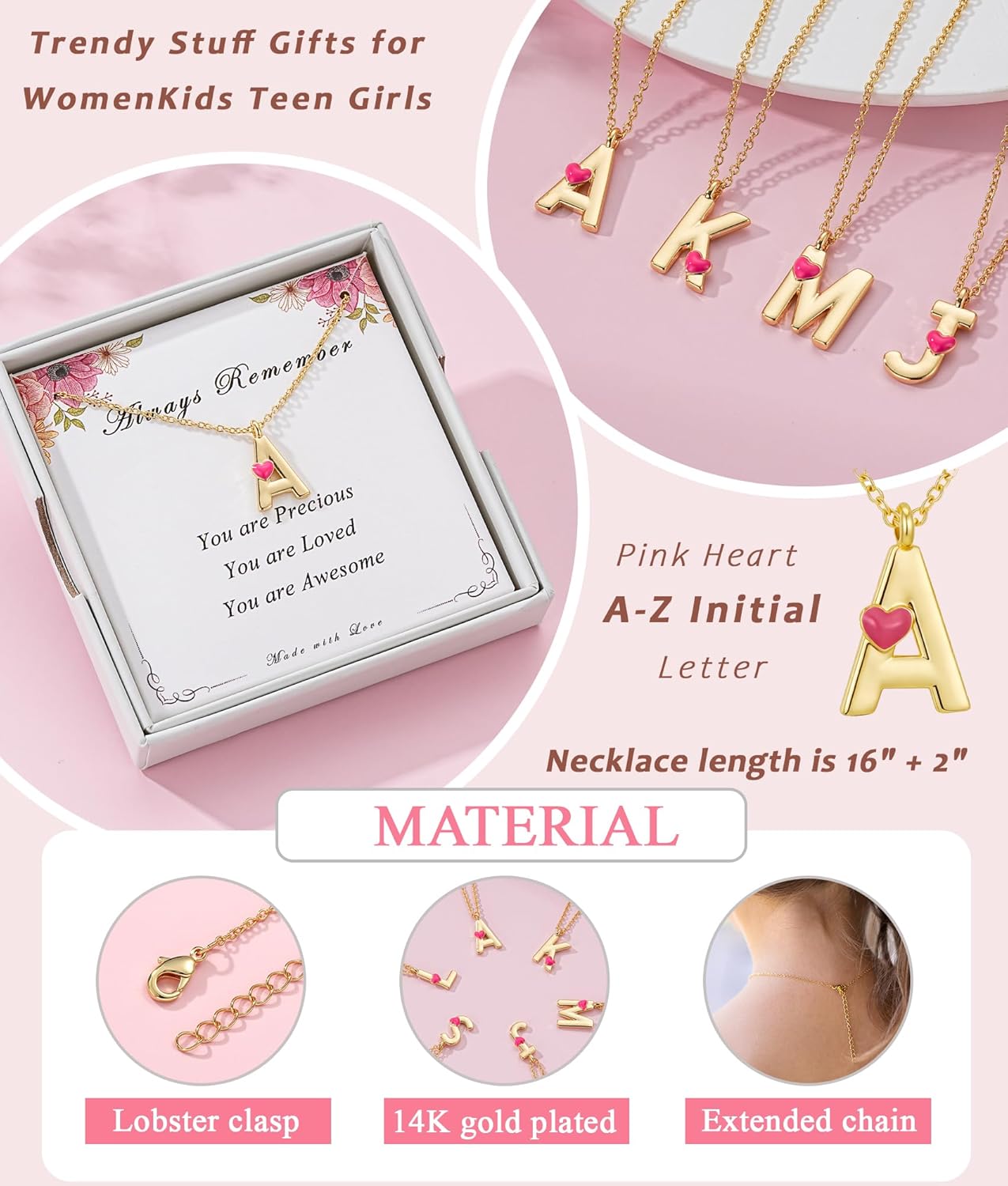 Valentines Day Gifts for Kids Teen Girls Initial Necklace for Women Dainty Pink Heart A-Z Initial Letter Gold Necklace Trendy Stuff Birthday Gift 16+2 inches - Image 3