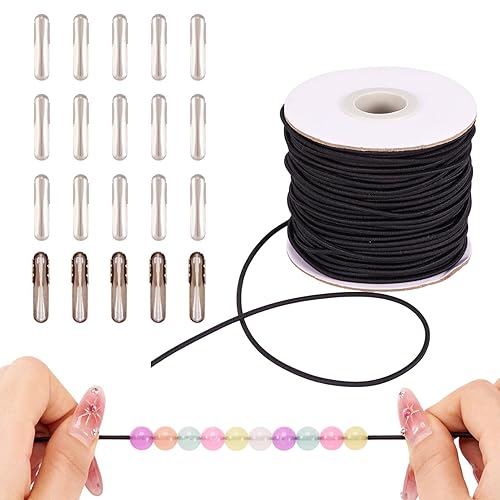 Craftdady 2mm Elastic Barbed Cords 43.74Yard Stretch Round String Elastic Loop with Metal Barbs Barbed Fastener for Crafting Book Binding(Black)
