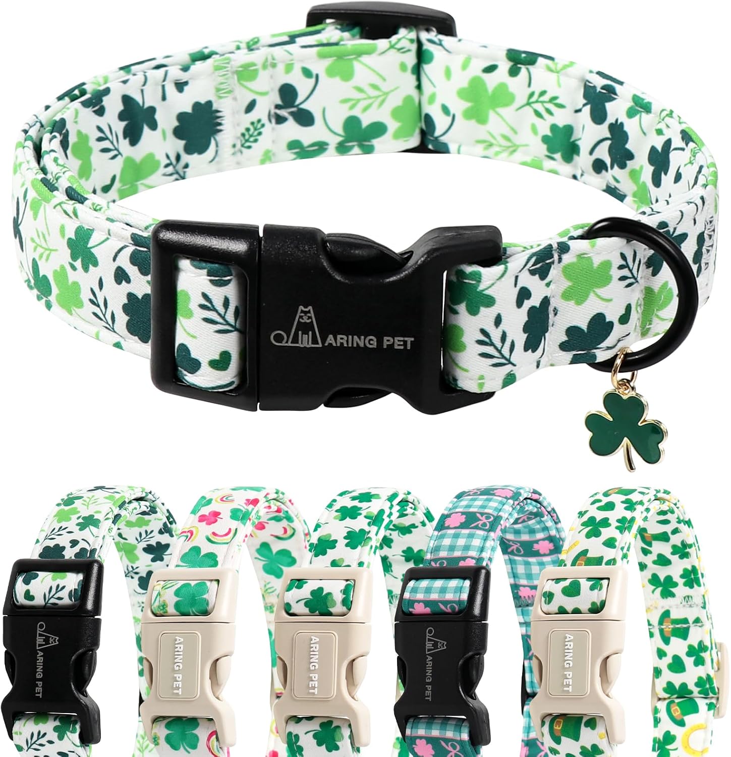ARING PET St Patrick’s Day Dog Collar, Cute Green Lucky Clover Shamrock Puppy Pet Collars for Small Medium Large Boy Girl Dogs-L
