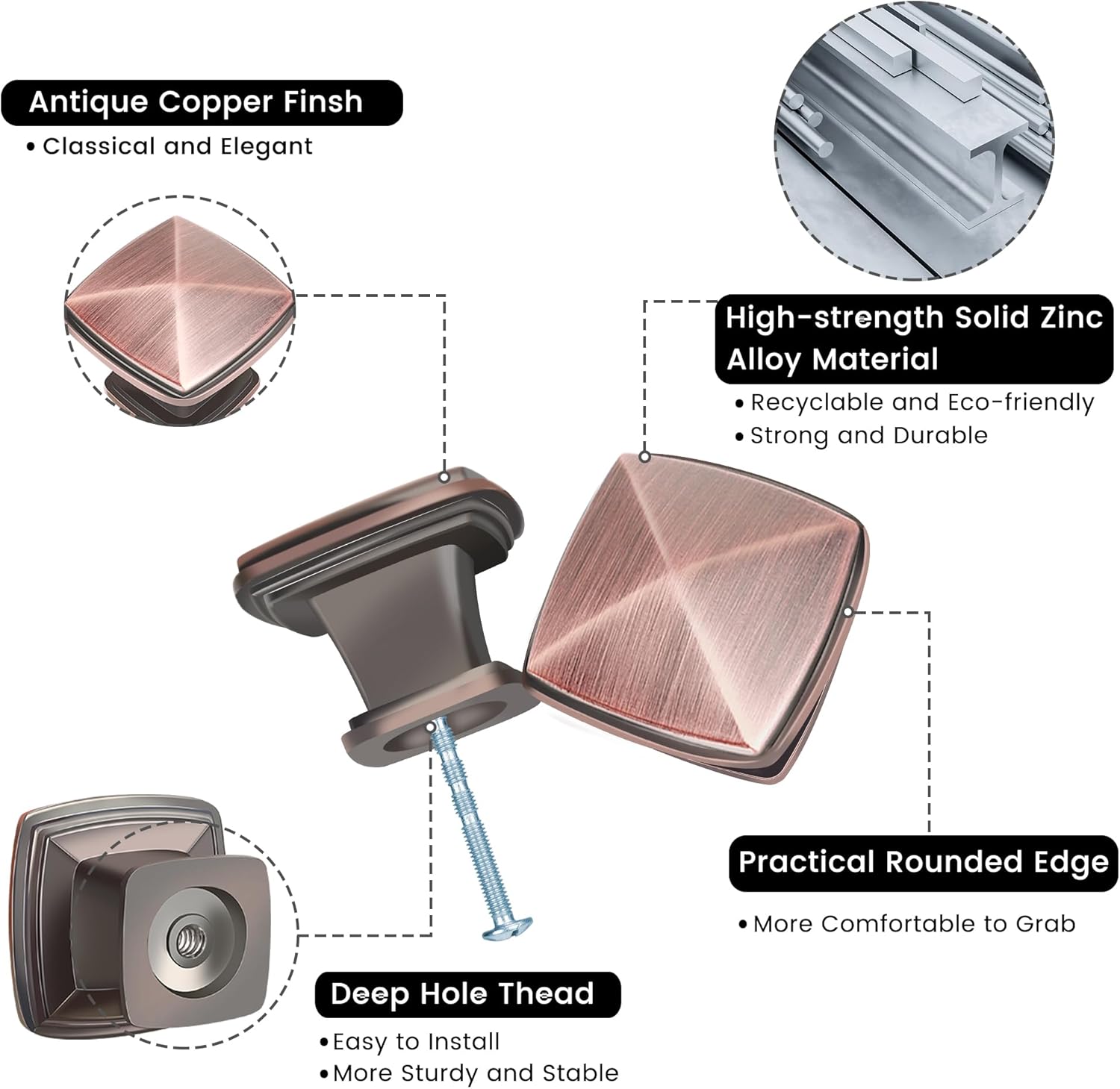 Antique Copper Cabinet Knobs Drawer Knobs 1-1/4 Inch Diameter Single Hole Kitchen Cabinet Hardware Solid Square Knobs for Dresser Drawer Cupboard Cabinet Pulls Handles 20 Pack