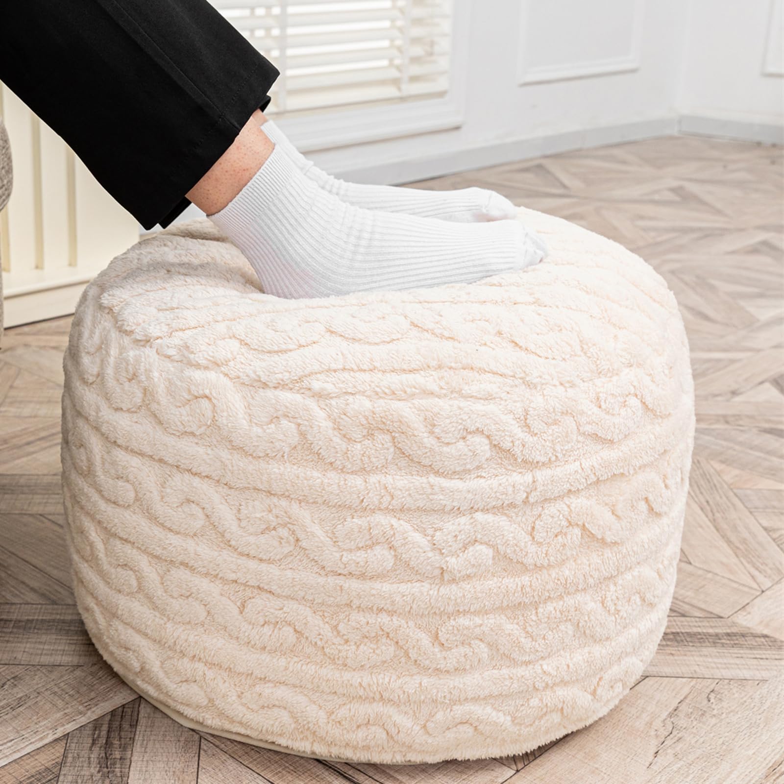 Fur Pouf Ottoman Stuffed,Prefilled Floor Pouf,Ottoman Foot Rest,20x20x12 Inches Round Poof Seat, Floor Bean Bag Chair,Foldable Floor Chair Storage for Living Room, Bedroom (Ivory Pouf with Filler)