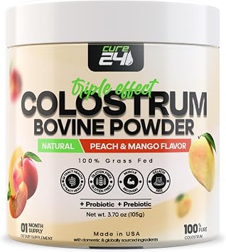 Bovine Colostrum X3 Supplement Powder for Humans, 100% Pure Whole Natural Grass Fed Superfood, High IgG, Plus Probiotic & Prebiotic, Unflavored, Made in USA Peach Mango