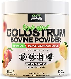Bovine X3 Colostrum Supplement Powder for Humans, 100% Pure Whole Natural Grass Fed Superfood, High IgG, Plus Probiotic & Prebiotic, Natural Peach-Mango Flavor, Made in USA