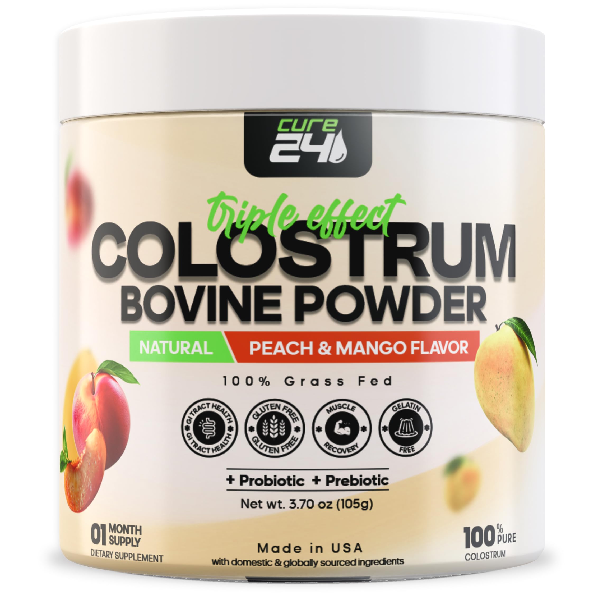 Bovine X3 Colostrum Supplement Powder for Humans, 100% Pure Whole Natural Grass Fed Superfood, High IgG, Plus Probiotic & Prebiotic, Natural Peach-Mango Flavor, Made in USA