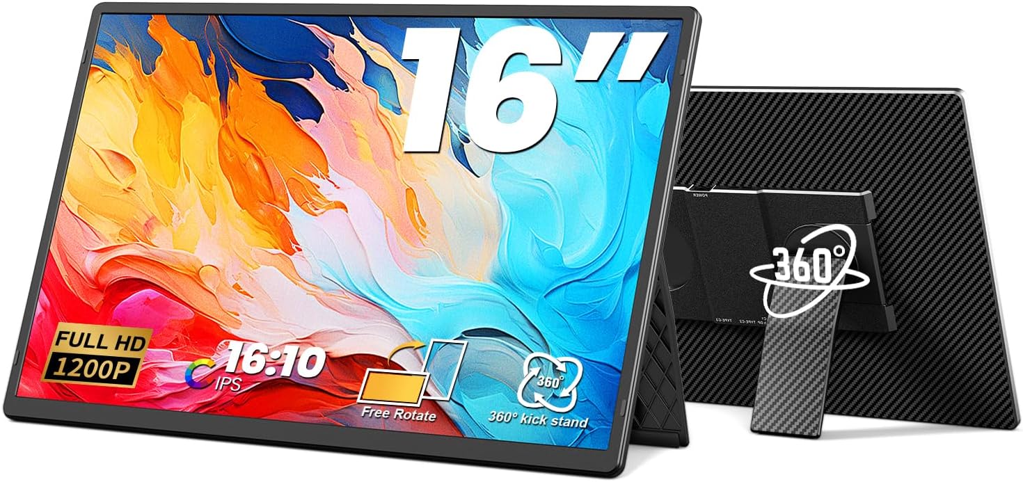 16.1″ Portable Monitor, 1200P FHD Laptop Screen Extender, 360° Rotating Detachab…
