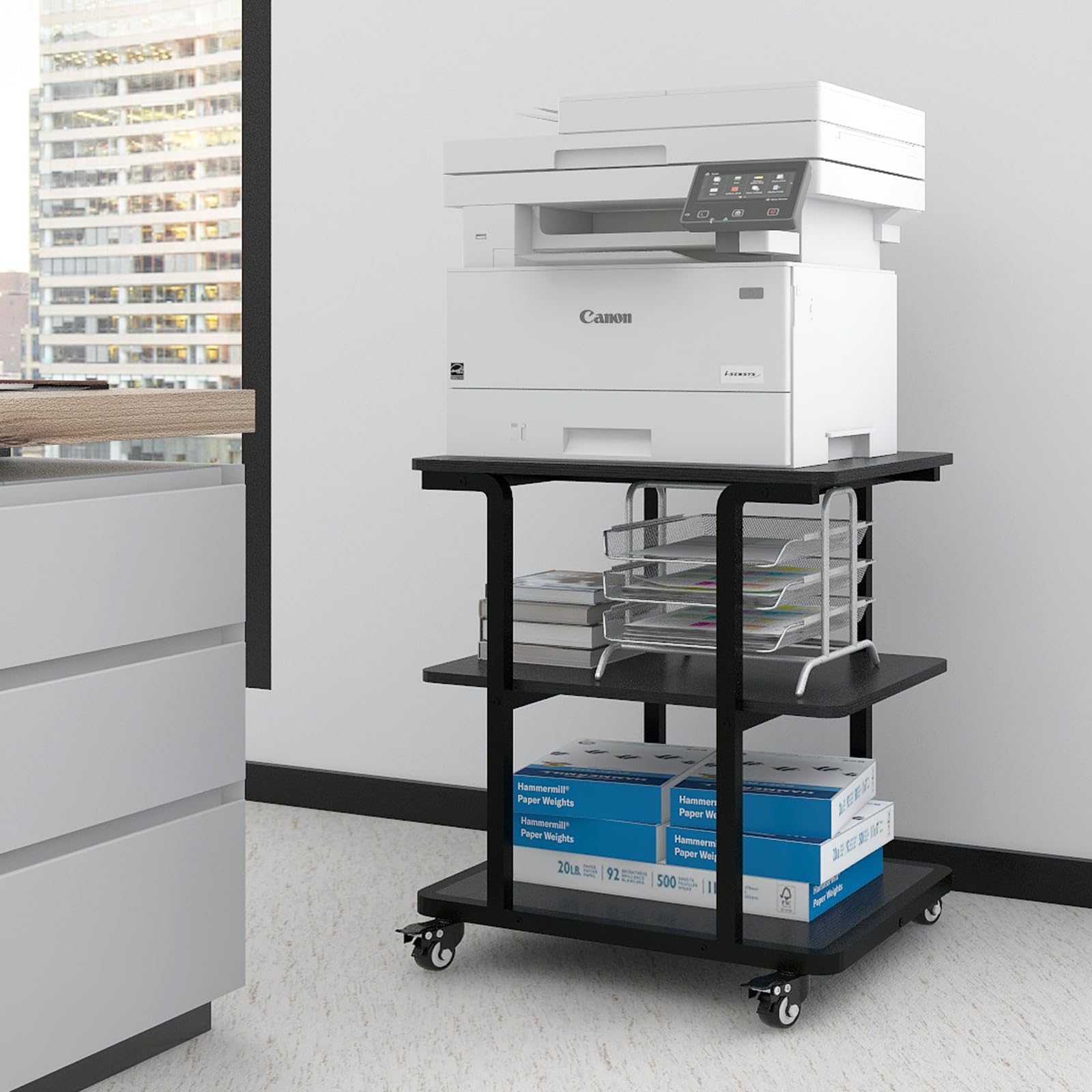 Natwind Printer Stand, 24''x20''x26'' Large Printer Table with Storage Shelf, 3 Tier Rolling Printer Cart with Wheels,Multifunctional Shelves for Home Office?Black?