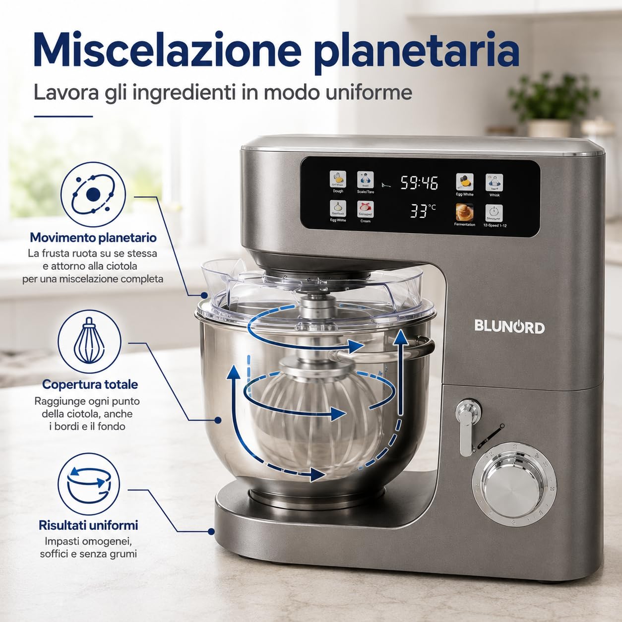 Planetaria 8 Litri BLUP4975 DELUXE, Impastatrice Planetaria 2100W con Bilancia Integrata, Display Touch a Colori, 12 Velocita, Fermentazione 25-45 C, Ciotola Inox e 3 Accessori