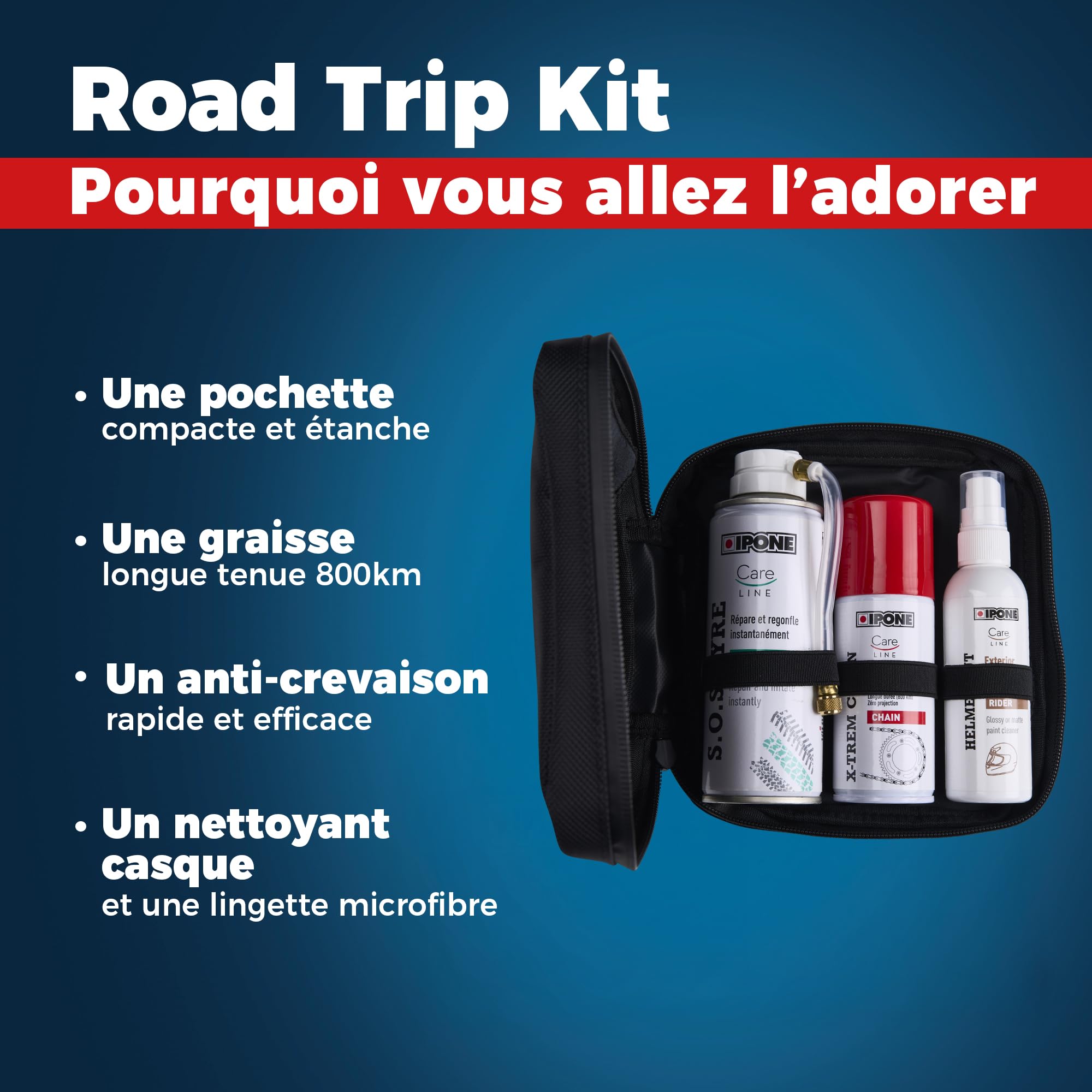 IPONE – Kit Crevaison & Entretien Moto : Bombe Anti-Crevaison, Graisse Chaîne 800 km, Nettoyant Casque + Lingette – Pochette Étanche Compacte Voyage Moto