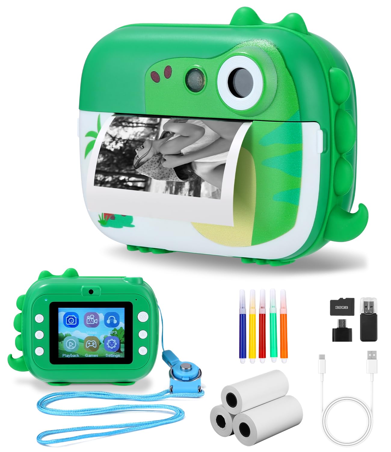 Kinderkamera Sofortbildkamera,Dinosaurier Kinderkamera Spielzeug mit 1080P HD Video,2,4 Zoll Digitalkamera Kinder,Digitalkamera für Kinder mit Druckpapier 32G TF Karte für Mädchen Jungen,Weihnachten G