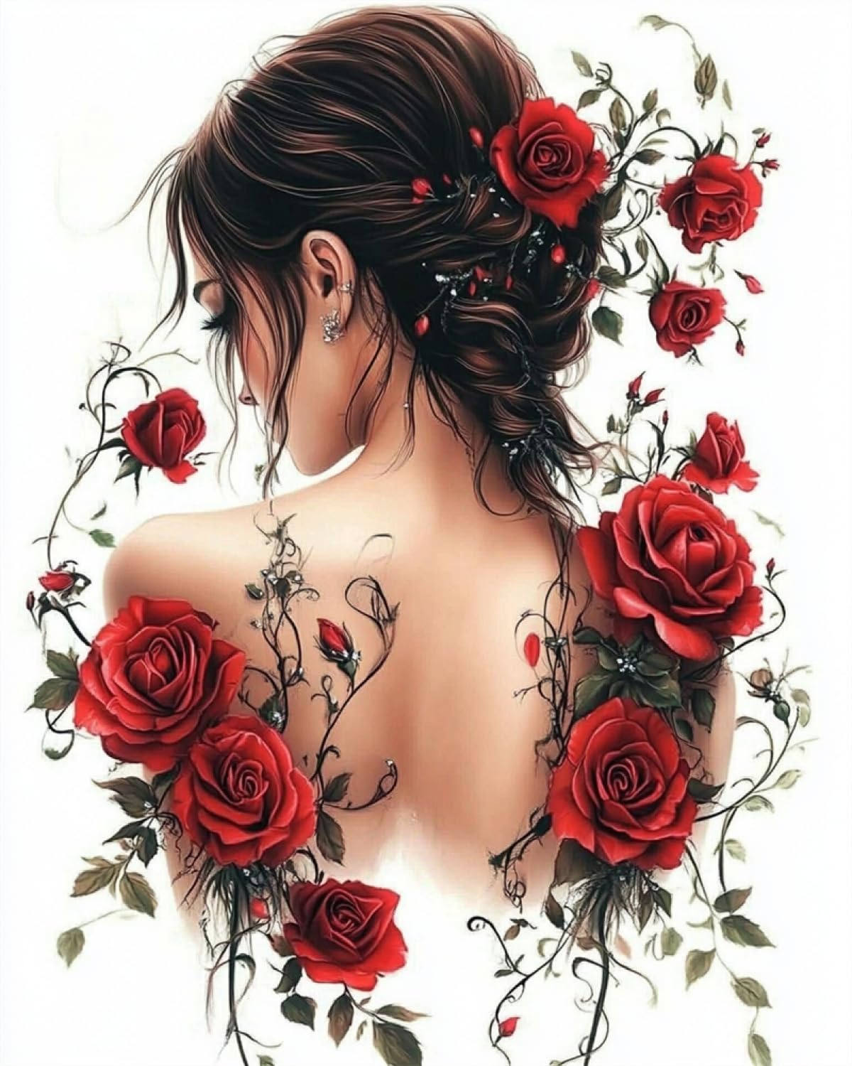 9CT Diy Juego De Bordado Con Cuentas Chica De Dibujos Animados De Espaldas Y Rosas Rojas Kit De Bordado De Cuentas Para Principiantes,Juego De Costura,Patrón Preimpreso,Decoración De Pared 50x60cm