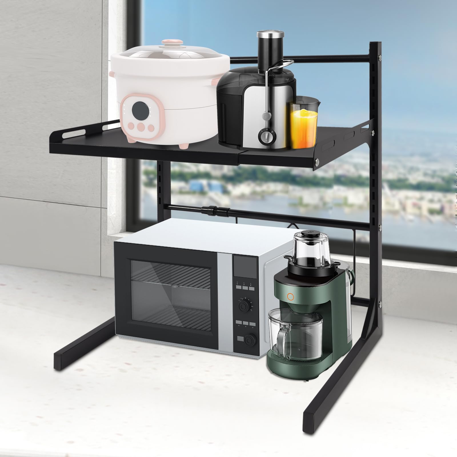 Étagère extensible pour micro-ondes avec 4 crochets, 2 niveaux, hauteur réglable de 27 à 52 cm, support pour micro-ondes, boulangerie, organisateur pour plans de travail de cuisine, noir