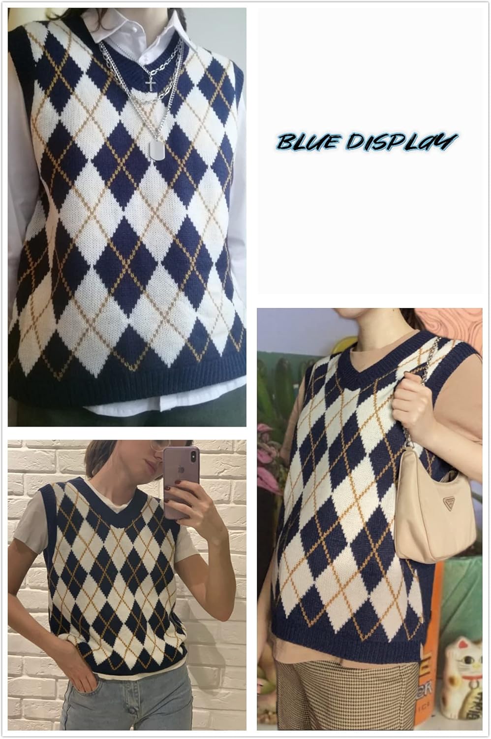 Lailezou Women's V Neck Knit Sweater Vest Argyle Plaid Preppy Style Sleeveless Crop Knitwear Tank - Image 2