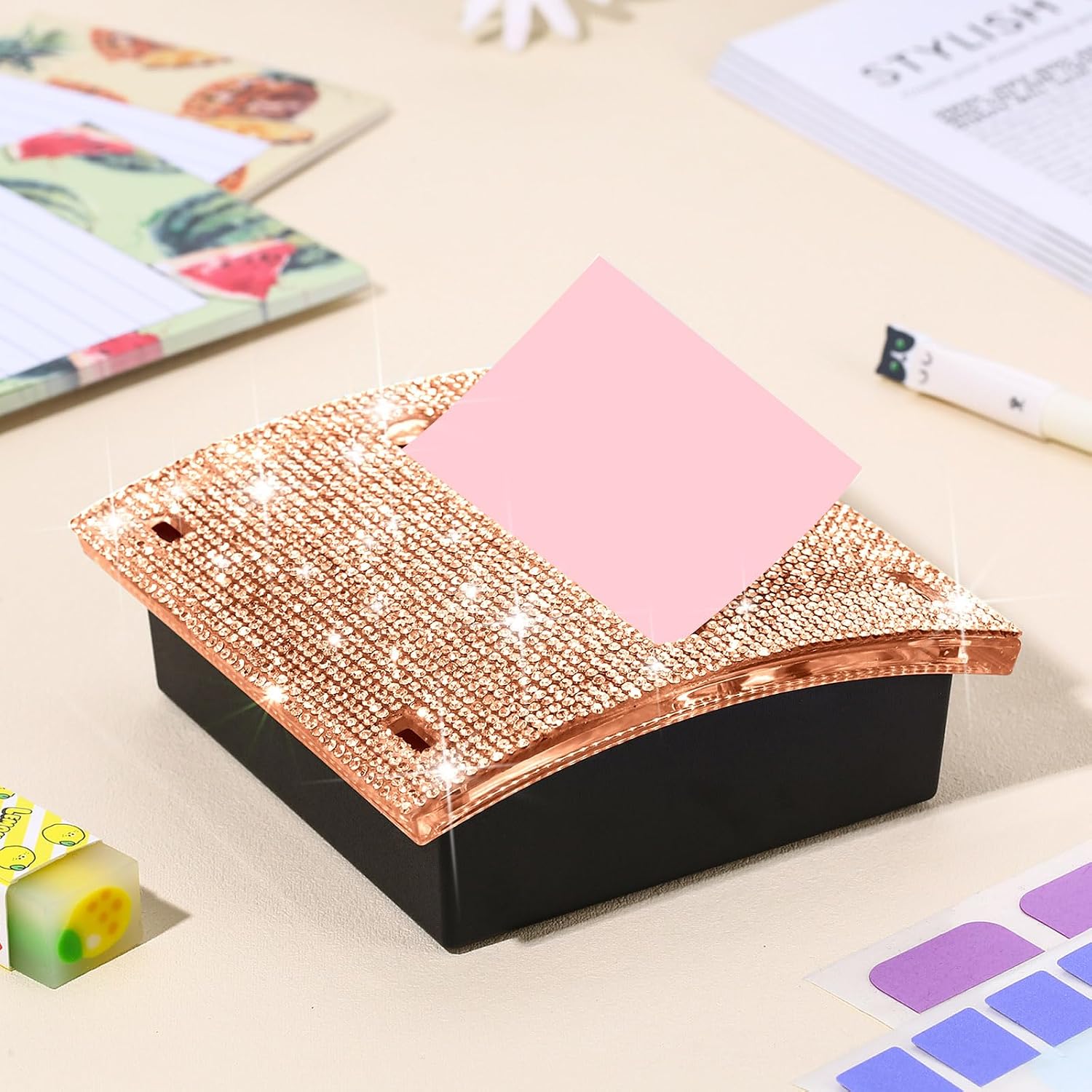 Eersida Rhinestone Self Stick Note Pad Holders 4 x 4 Inches Rose Gold Cute Note Holder Sticky Dispenser Bling Memo Stick Dispenser for Office Employee Coworkers Gifts Home Desk Supplies
