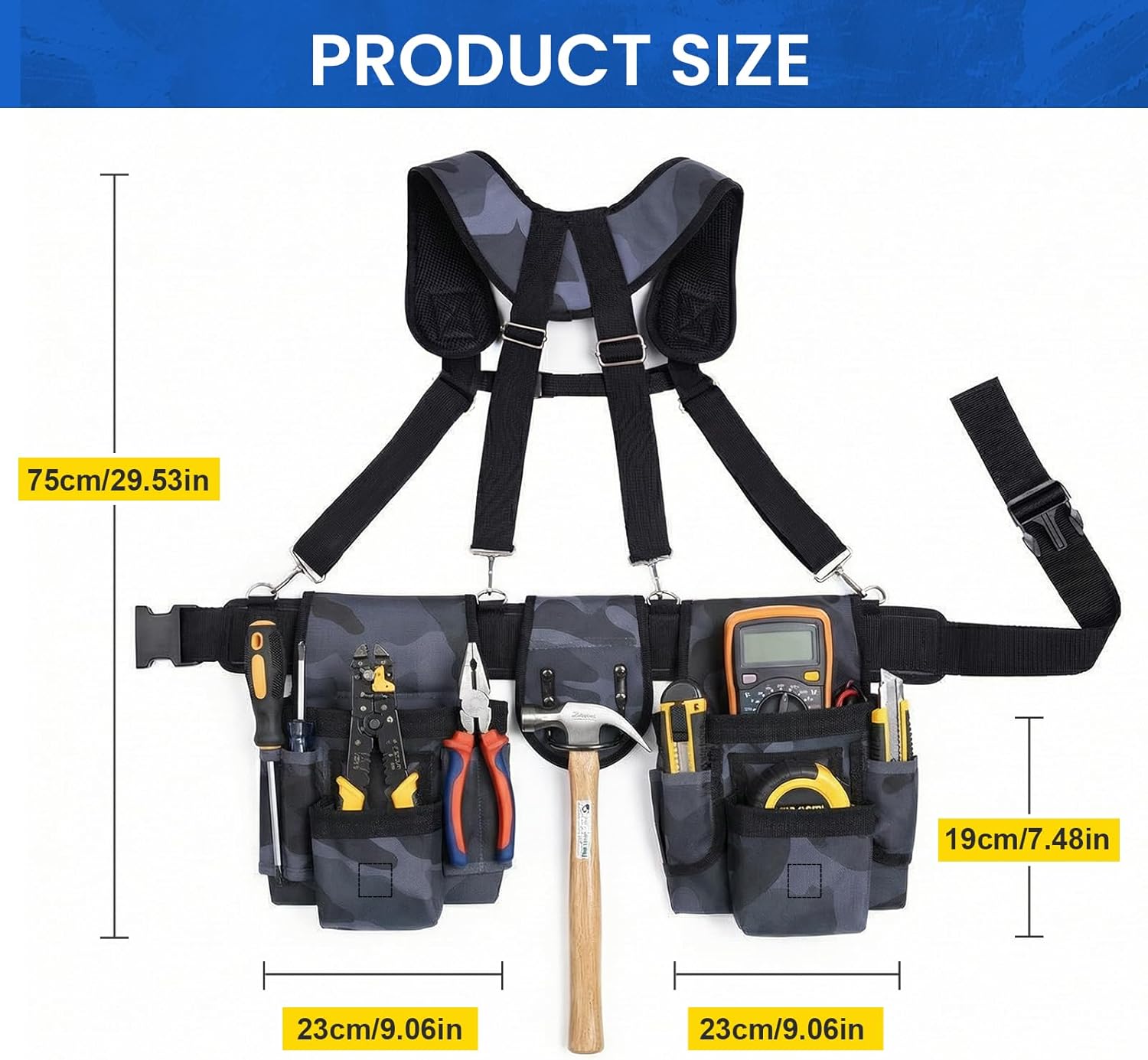 Tool Belt with Suspenders, 18-Pocket Combo Harness System with Magnetic Pouches, Heavy Duty Detachable Utility Bags Adjustable 32"-66" Waist for Electricians, Carpenters, Framers (Camouflage)