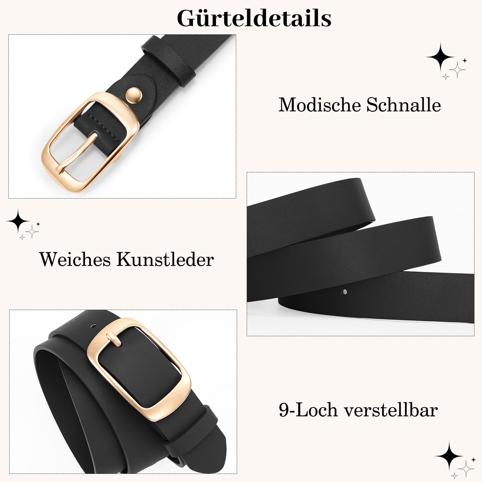 WHIPPY Damen-Ledergürtel in Übergröße, modischer Jeans Gürtel mit fester Dornschließe für Jeans-Hosen-Kleid