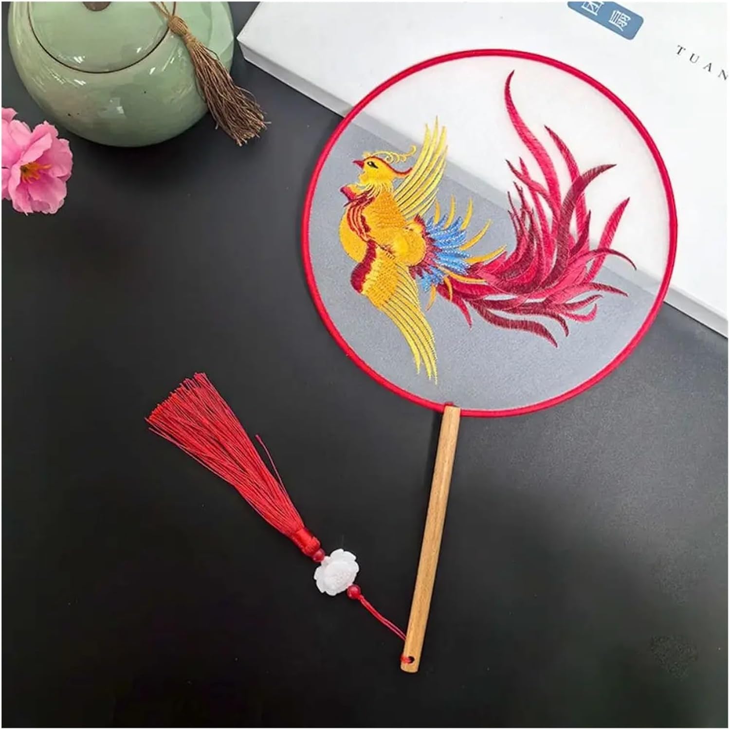 Creative Embroidered Silk Fan Embroidery Round Handle Flower Pattern Hanfu Tuan(Style 4)