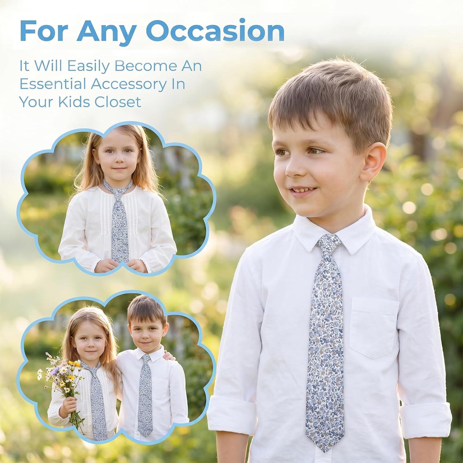 Boys Zipper Tie Blue, Floral Pattern Pre-Tied Necktie for Wedding Daily