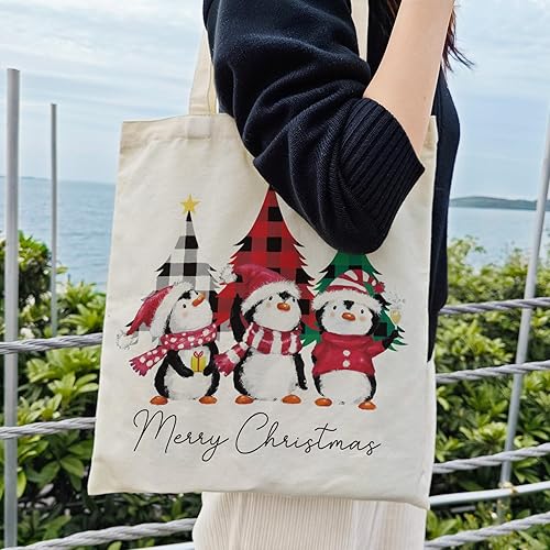 Miniatura 2 de Dlzdn Christmas Penguin Canvas Tote for Women - Aesthetic Merry Christmas Cute Shopping Grocery Beach Bag - Gifts for Women, Teacher, Reusable