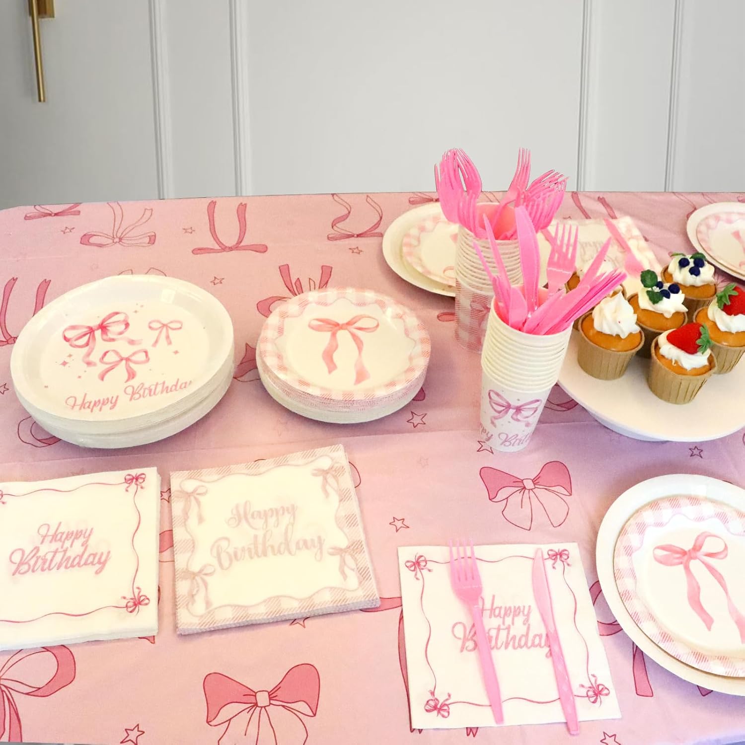 Pink Bow Birthday Decorations Serve 24 Coquette Birthday Decorations Party Supplies, Includes Bow Banner Tablecloth Balloons Plates Flatware Cups Napkins Theme Tableware for Women Girls Party Decor