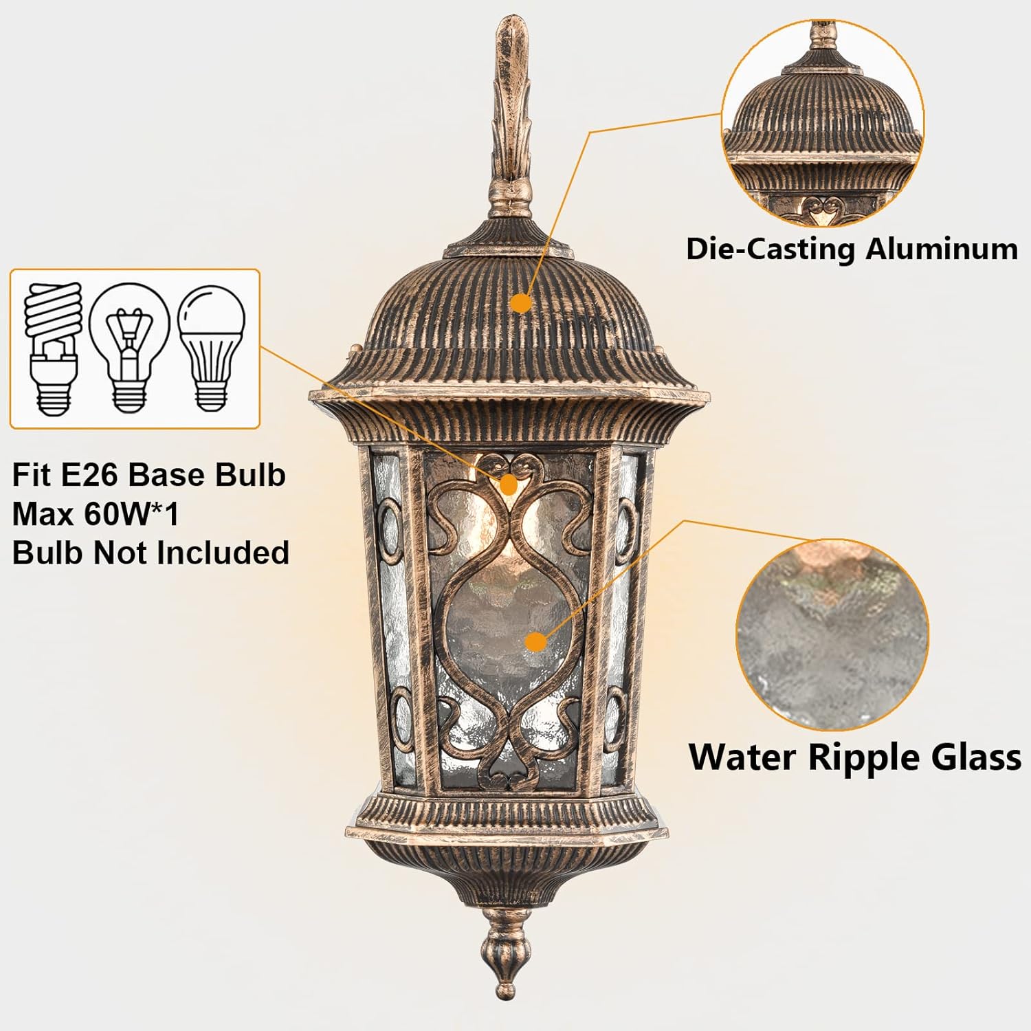 Outdoor Wall Lights Waterproof Outside Porch Light Water Glass Exterior Wall Sconces for Garage Porch Doorway