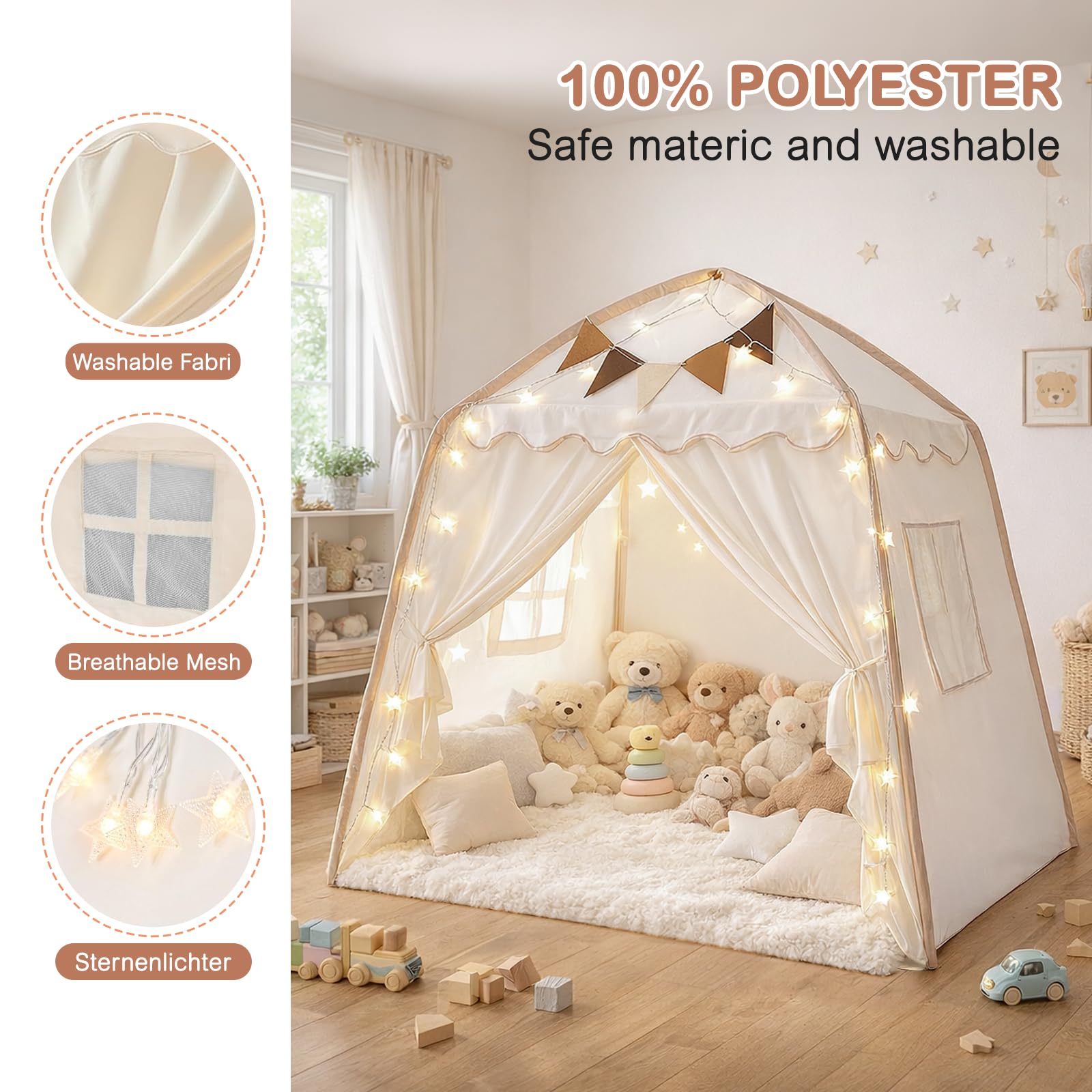 Tente Enfant, Cabane Enfant Intérieur avec Lumières et Drapeaux Tente de Jeu pour Enfants Princesse Tipi Cadeaux d'Anniversaire et de la Fête des Enfants Garçons Filles Décoration de Chambre d'Enfants